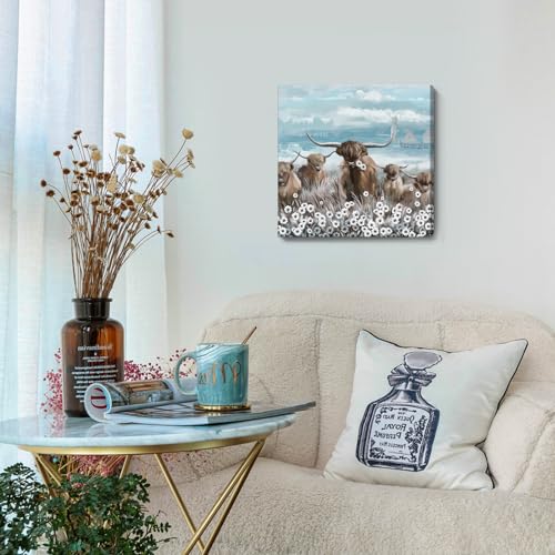 amatop Canvas Wall Art Bathroom Coastal Boho Farmhouse Highland Cow Flower Picture Floral Artwork Rustic Country Landscape Longhorn Animal Painting for Living Room Bedroom Kitchen Décor Blue Brown Small - Image 4