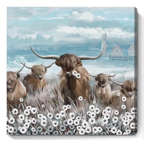 amatop Canvas Wall Art Bathroom Coastal Boho Farmhouse Highland Cow Flower Picture Floral Artwork Rustic Country Landscape Longhorn Animal Painting for Living Room Bedroom Kitchen Décor Blue Brown Small - Image 1