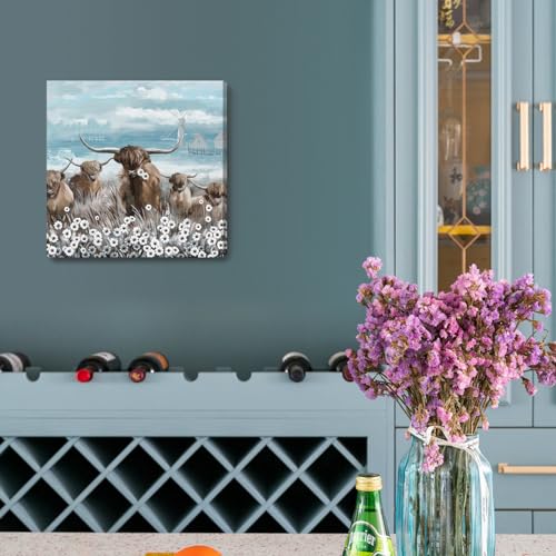 amatop Canvas Wall Art Bathroom Coastal Boho Farmhouse Highland Cow Flower Picture Floral Artwork Rustic Country Landscape Longhorn Animal Painting for Living Room Bedroom Kitchen Décor Blue Brown Small - Image 5