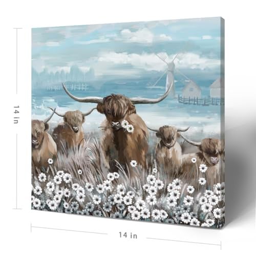 amatop Canvas Wall Art Bathroom Coastal Boho Farmhouse Highland Cow Flower Picture Floral Artwork Rustic Country Landscape Longhorn Animal Painting for Living Room Bedroom Kitchen Décor Blue Brown Small - Image 2