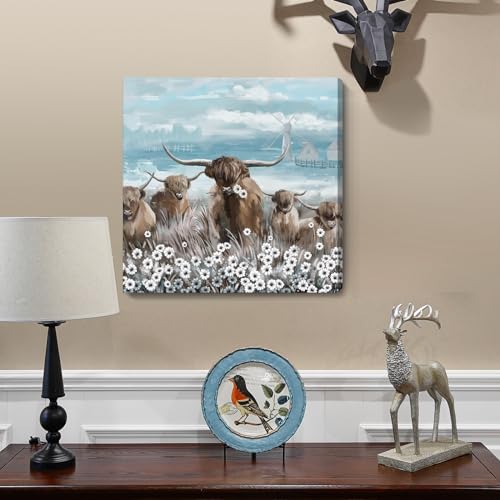 amatop Canvas Wall Art Bathroom Coastal Boho Farmhouse Highland Cow Flower Picture Floral Artwork Rustic Country Landscape Longhorn Animal Painting for Living Room Bedroom Kitchen Décor Blue Brown Small - Image 3