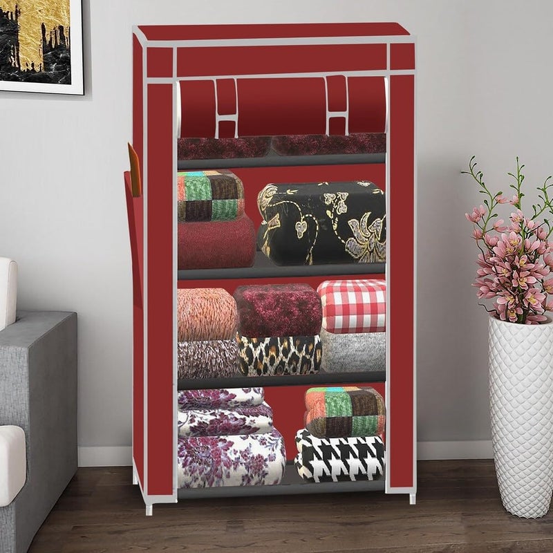 OBBO 4-Layer Single Rack Wardrobe | Portable Foldable Fabric Closet with Steel Frame & Cover | Compact Storage Organizer for Clothes, Toys, Books & Accessories