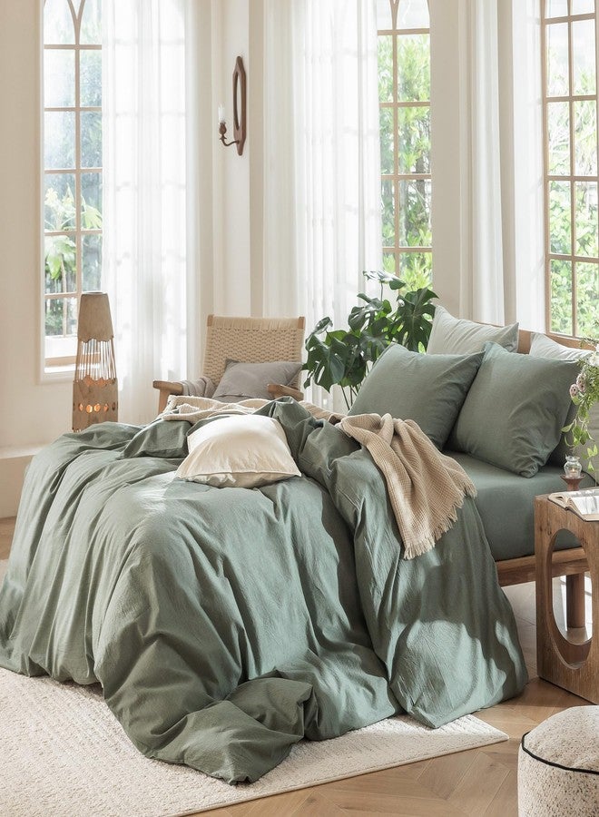 مومى طقم غطاء لحاف من مومي، مصنوع من القطن المغسول بنسبة 100%، ذو ملمس يشبه الكتان، يسمح بمرور الهواء، متين، ناعم ومريح (لون أخضر فاتح، مقاس كوين كبير 98 بوصة × 98 بوصة). - Image 3