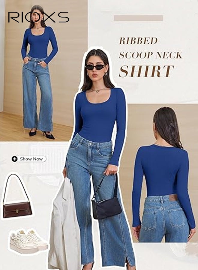 ريوكس بلوزات نسائية خريفية بأكمام طويلة، قمصان محبوكة مضلعة بفتحة دائرية، تي شيرت أساسي كاجوال ضيق للنساء - Image 4