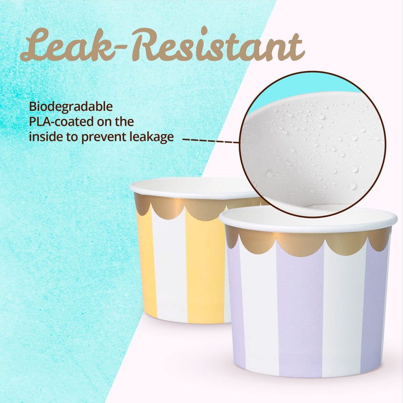 Confettiville Paper Ice Cream Cups  50-Count 11-Oz Disposable Dessert Bowls for Hot or Cold Food  11-Ounce Party Supplies Treat Cups  5 Colors Pastel Stripes with Scalloped Gold Foil - Image 5