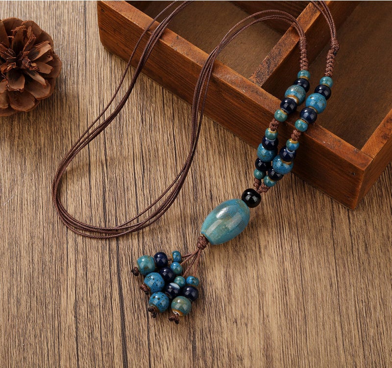 DS Boho Beaded Necklace for Womenâ€“Colorful Ceramic & African Tribal Beads, Adjustable Long Chunky Bohemian Jewelry with Gift Box Packaging,Hippie Witchy Vintage Handmade Fashion Statement Necklace (style-1) - Image 3