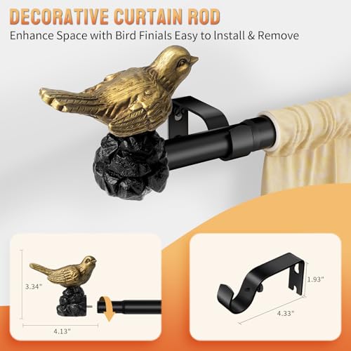 KVEEO Bird Curtain Rod 1845 Inch Black Curtain Rod with Gold Bird Finials Adjustable Heavy Duty Vintage Drapery Rod for Kitchen Window Living Room Bedroom - Image 3