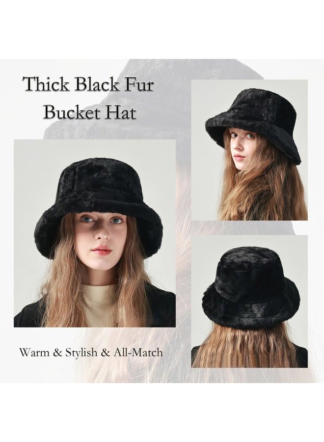 BEARUN Winter Faux Fur Bucket Hat Fluffy Warm Hat for Women Men, A Black, One size - Image 2