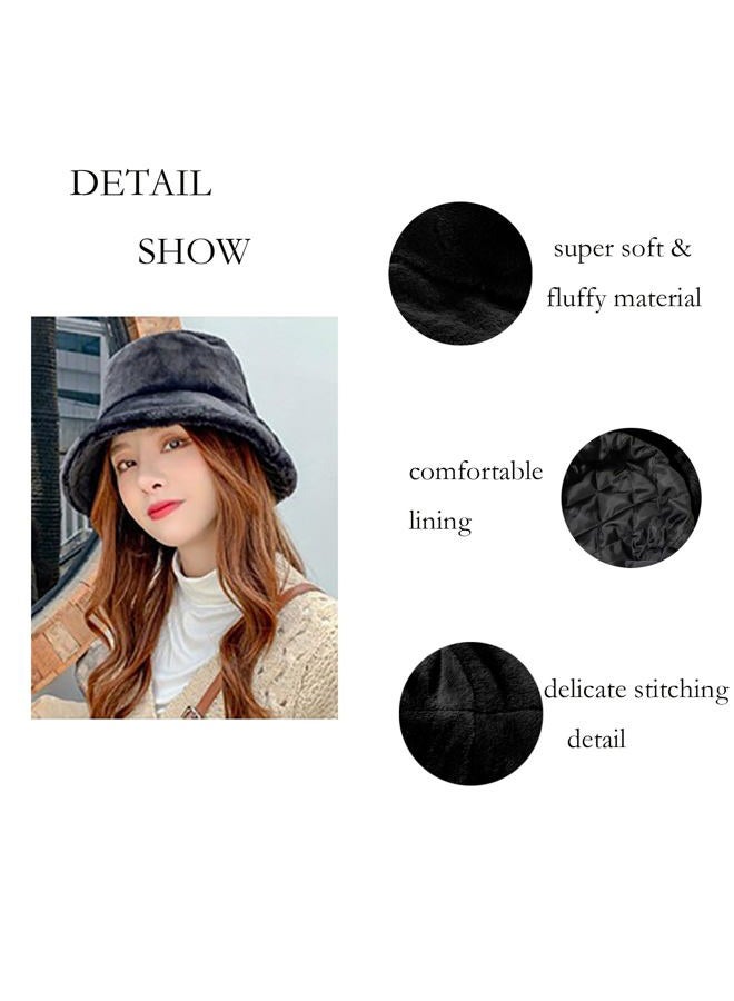 BEARUN Winter Faux Fur Bucket Hat Fluffy Warm Hat for Women Men, A Black, One size - Image 3