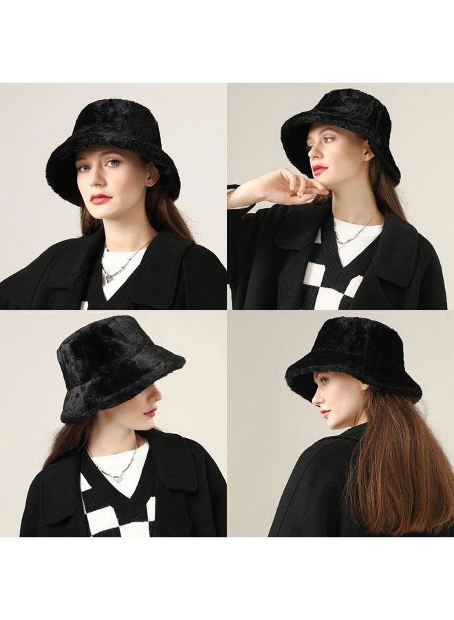 BEARUN Winter Faux Fur Bucket Hat Fluffy Warm Hat for Women Men, A Black, One size - Image 4