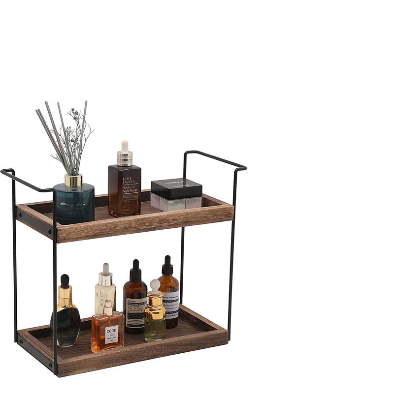 INDIAN DECOR 53307 Classic 2 Tier Bathroom Counter Organizer Standing Rack Cosmetic Holder Bathroom Wood Tray for Countertop Storage Vanity Tray Organizer and Storage Kitchen Counter Organizers  - Image 1