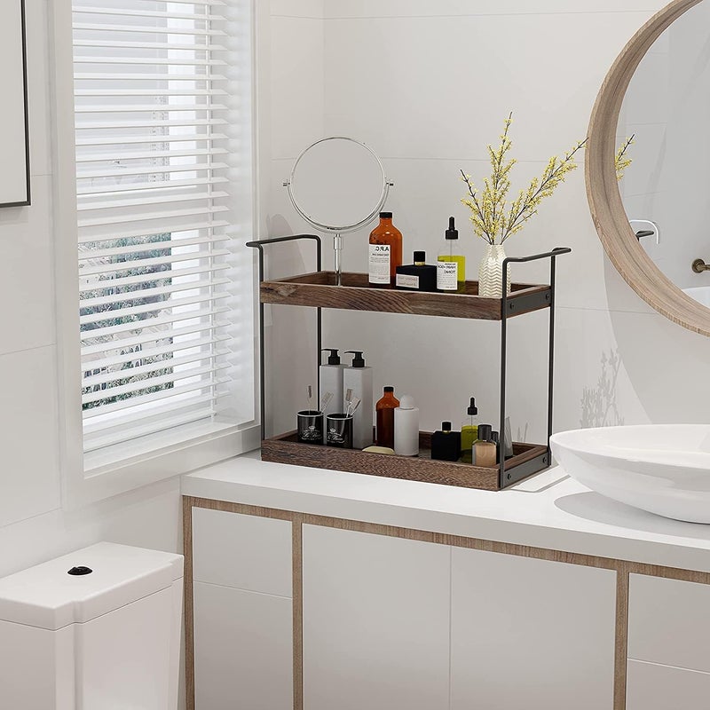INDIAN DECOR 53307 Classic 2 Tier Bathroom Counter Organizer Standing Rack Cosmetic Holder Bathroom Wood Tray for Countertop Storage Vanity Tray Organizer and Storage Kitchen Counter Organizers  - Image 2