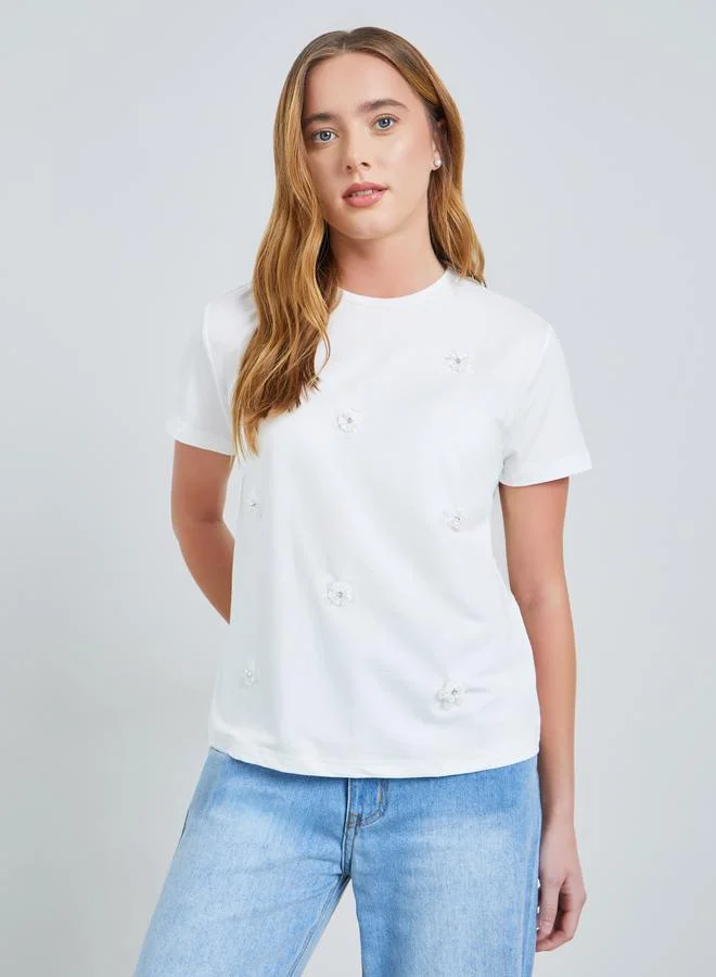 Take Two White Flower Detail Round Neck Short Sleeve Top
