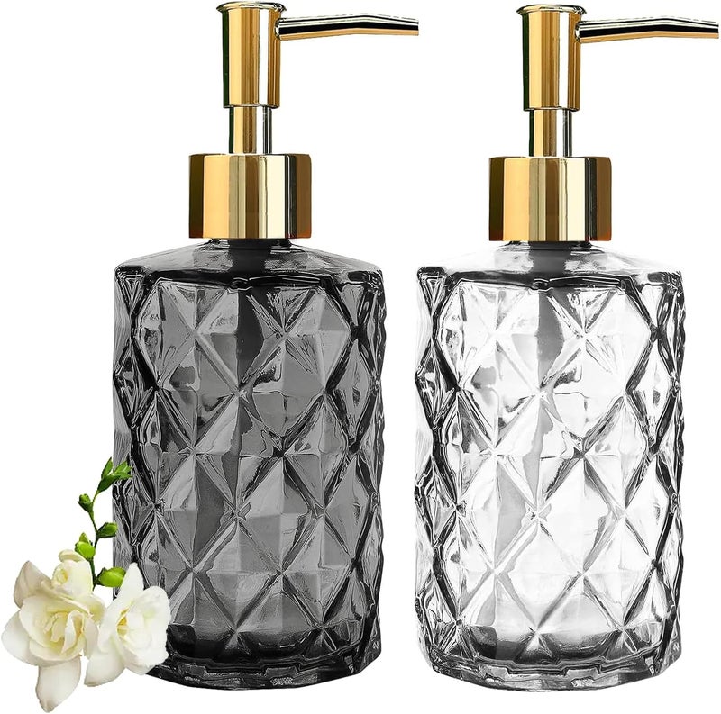 YTDTKJ 2 Pcs Glass Soap Dispenser, 11 Oz Hand & Dish Soap Dispenser Set with Gold Pump, Bathroom Refillable Lotion Pump Bottle, Hand-Press Kitchen Sink Dish Soap Dispenser for Liquid, Lotion - Image 1