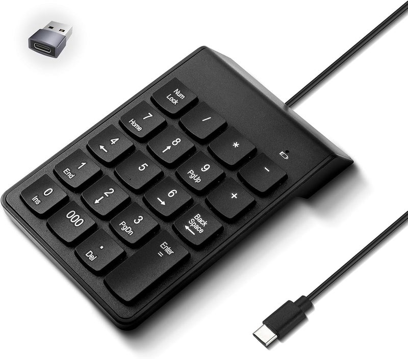 نوع C رقم لوحة، USB 19 مفاتيح لوحة المفاتيح رقم صغير Plug & Play المحاسبة المالية Numpad مكتب المنزل المحمولة رقيقة لوحة المفاتيح العددية للكمبيوتر المحمول الهاتف الكمبيوتر اللوحي الكمبيوتر المحمول (أسود) - Image 1