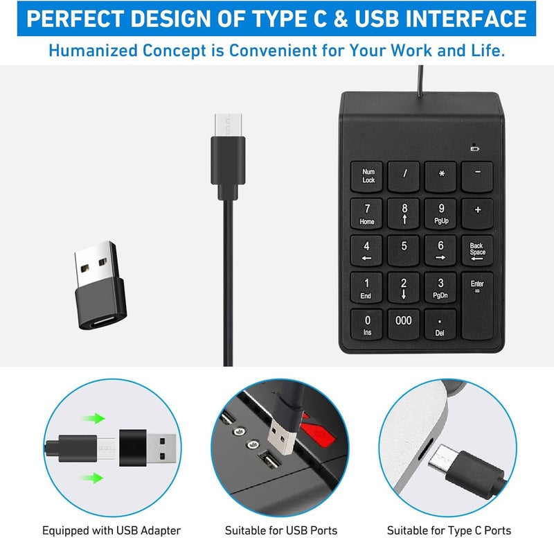 نوع C رقم لوحة، USB 19 مفاتيح لوحة المفاتيح رقم صغير Plug & Play المحاسبة المالية Numpad مكتب المنزل المحمولة رقيقة لوحة المفاتيح العددية للكمبيوتر المحمول الهاتف الكمبيوتر اللوحي الكمبيوتر المحمول (أسود) - Image 4