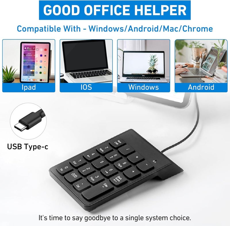 نوع C رقم لوحة، USB 19 مفاتيح لوحة المفاتيح رقم صغير Plug & Play المحاسبة المالية Numpad مكتب المنزل المحمولة رقيقة لوحة المفاتيح العددية للكمبيوتر المحمول الهاتف الكمبيوتر اللوحي الكمبيوتر المحمول (أسود) - Image 3