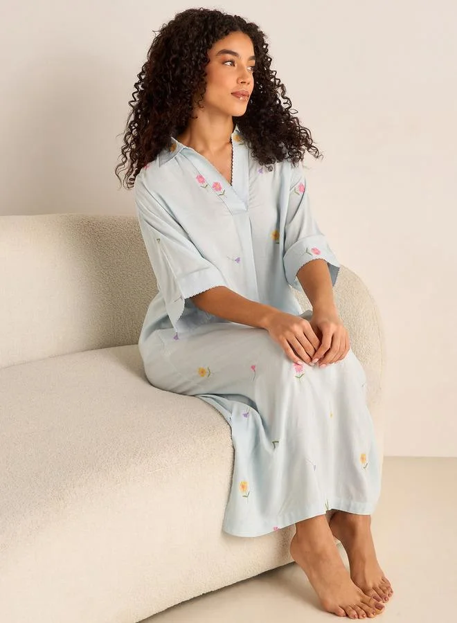 سبلاش فيڤ Night Dress Short Sleeve Floral Embroidery Viscose