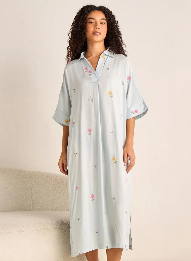 سبلاش فيڤ Night Dress Short Sleeve Floral Embroidery Viscose