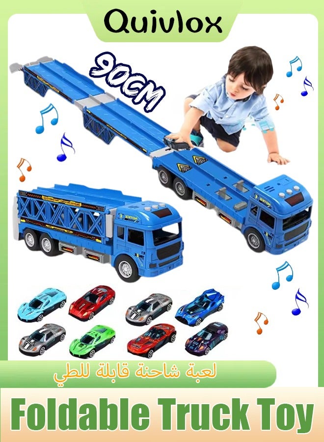 Quivlox Kids  Truck Car Toys Toddler Transport Truck Toy for 2 3 4 5 6 Years Old Boys, 64-Inch Foldable Car Race Track for Boys Kids, Carrier Truck Race Track Toddlers Toys with Light and Sound,Foldable 2 Layer Track Playset, 9 in 1 Die-Cast Car Carrier Truck Toy for Boys and Girls Gift  - Image 1