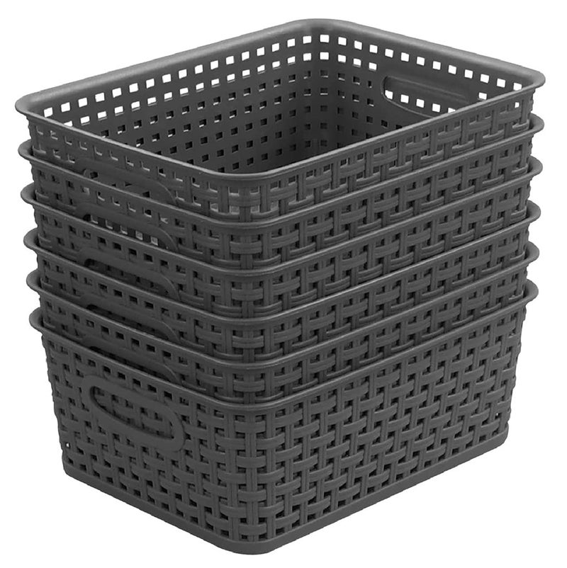 ZHENFAN Grey Plastic Woven Storage Basket 6Pack Weave Gray Basket Organizer for Kitchen Office Bathroom