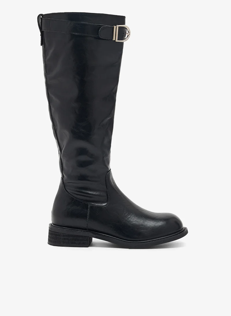 Metallic Buckle Detail Knee High Boots