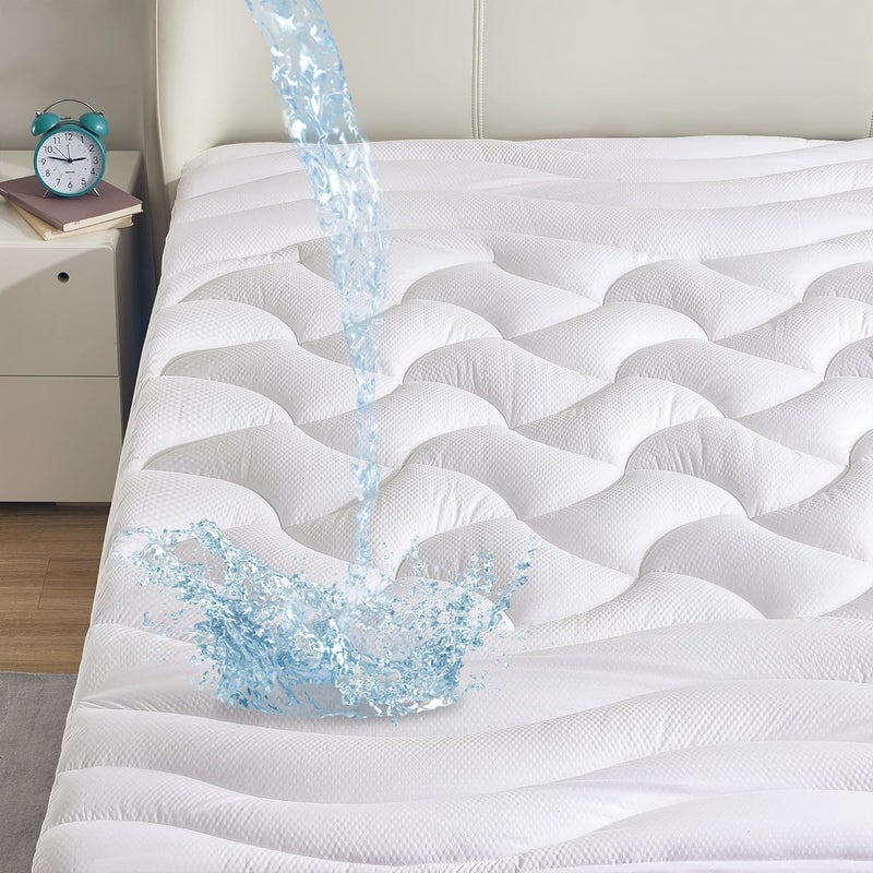 SLEEP ZONE وسادة مرتبة مقاومة للماء من سليب زون بحجم كوين، غطاء مرتبة مبرد ل��ن يعانون من الحرارة، علوي سميك إضافي مع جيب عميق (أبيض، كوين) - Image 1