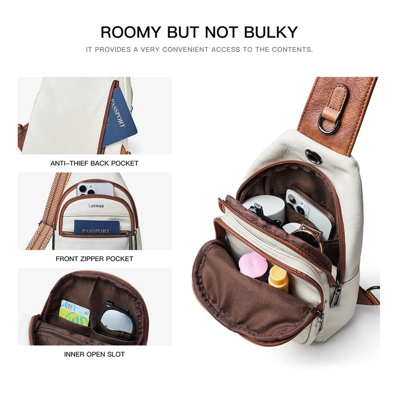 LATMAP 7L Sling Bag For Women Faux Leather Anti Theft Small Casual Daypack Backpack Fanny Pack Crossbody Chest Bags Purse Waterproof Beige Brown - Image 5