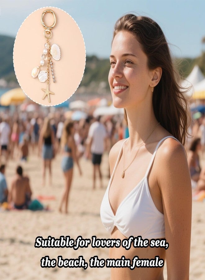 Pmeixcy Beach Keychain, Cute Starfish Pearl Seashell Bag Charms for Women, Gold Bag Charm Keychain for Tote Bags, Car Keyring, Purse Accessories, 10x5cm Multi-Color Gift Keychain Charms - Image 2