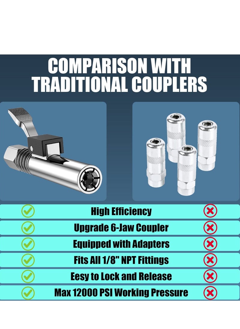 Generic - Grease Gun Coupler, Grease Gun Tip with 6 Thickened Jaws Compatible with All Grease Guns 1/8" NPT Grease Gun Fittings. 12000 PSI High Pressure Grease Fittings, Long-Lasting rebuildable Tool - Image 1