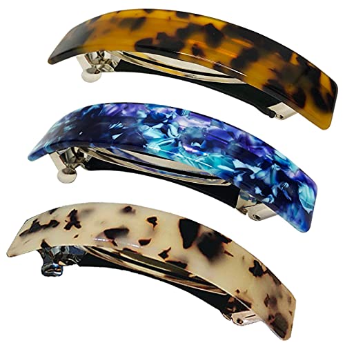 HYFEEL Large French Barrettes for Women Fine Thick Hair Classic Tortoise Shell Hair Clips Wide Curved Celluloid Ponytail Holder Clamp Fashion Hair Accessories Automatic Clasp Hairgrips 3 Pack