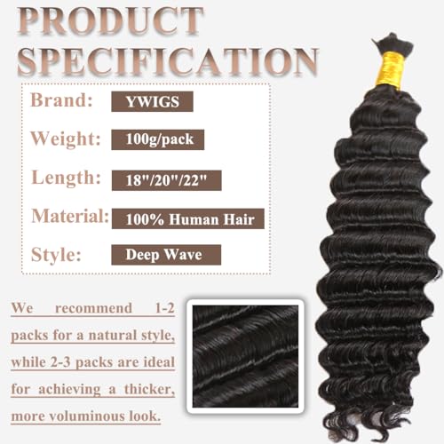 Y WIGS YWIGS Boho Human Hair for Braiding Human Deep Wave Braiding Hair 100G No Weft Virgin Human Braiding Hair Bundles NC 20inch - Image 3