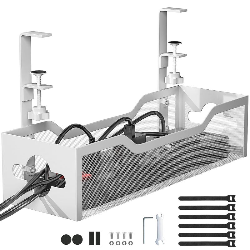 Litwaro Under Desk Cable Management Tray No Drill, 13.38'' Metal Tray with Clamp for Wire Management, Litwaro Cord Organizer Home Office Damage to Standing Desk, White - Image 1