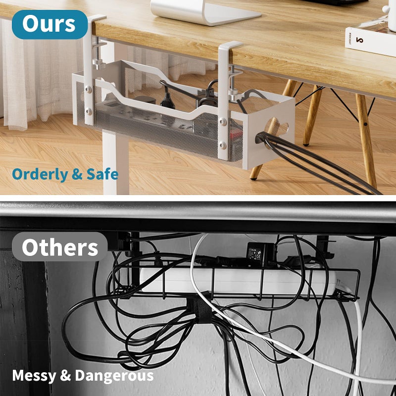 Litwaro Under Desk Cable Management Tray No Drill, 13.38'' Metal Tray with Clamp for Wire Management, Litwaro Cord Organizer Home Office Damage to Standing Desk, White - Image 4