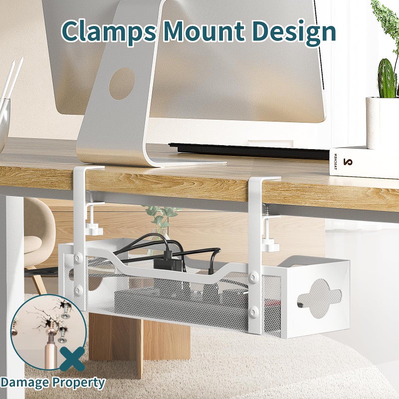 Litwaro Under Desk Cable Management Tray No Drill, 13.38'' Metal Tray with Clamp for Wire Management, Litwaro Cord Organizer Home Office Damage to Standing Desk, White - Image 2