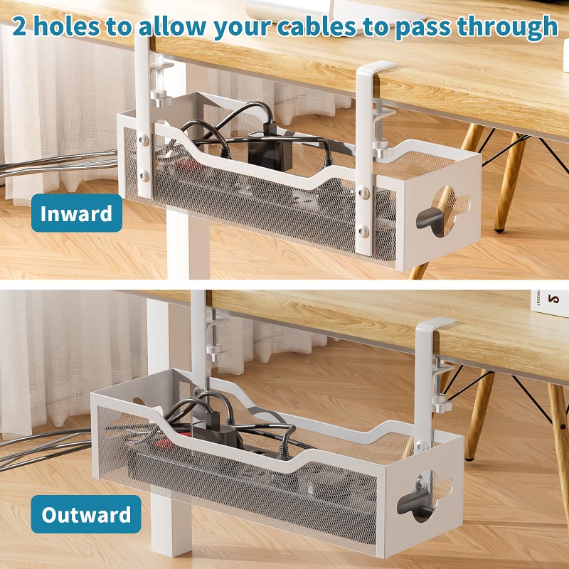 Litwaro Under Desk Cable Management Tray No Drill, 13.38'' Metal Tray with Clamp for Wire Management, Litwaro Cord Organizer Home Office Damage to Standing Desk, White - Image 5