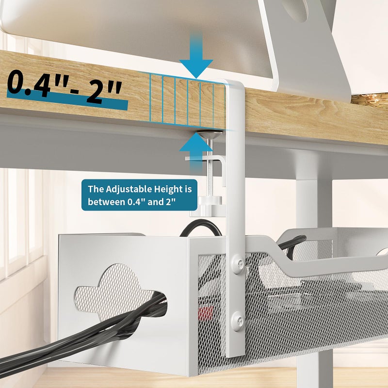 Litwaro Under Desk Cable Management Tray No Drill, 13.38'' Metal Tray with Clamp for Wire Management, Litwaro Cord Organizer Home Office Damage to Standing Desk, White - Image 3
