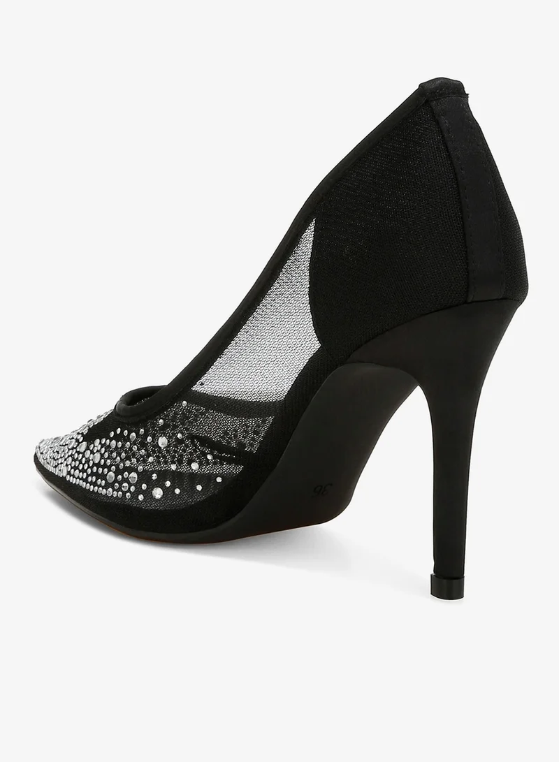 London Rag Black Mesh Rhinestone Stiletto Pump in Black for Women | Best Price UAE