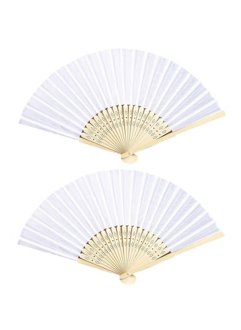 2Pcs Folding Fans, White Folding Fans, Foldable Bamboo Fans, Hand Fan for Women, Silk Fabric Handheld Folded Fan, Chinese Fan for DIY Decoration, Wedding, Dancing Party, Summer - Image 1