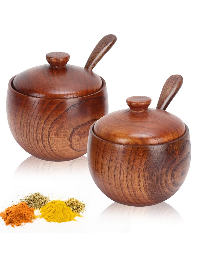 Excefore 2 Sets Sugar Bowl with Lid and Spoon, Wooden Condiment Jar Spice Container, Sugar Container, Condiment Canisters, Seasoning Box, Salt Container for Kitchen - Image 1