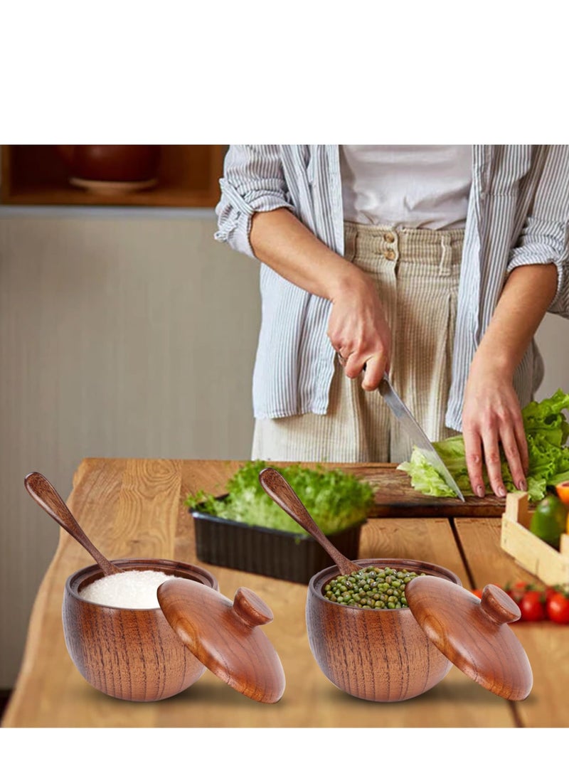 Excefore 2 Sets Sugar Bowl with Lid and Spoon, Wooden Condiment Jar Spice Container, Sugar Container, Condiment Canisters, Seasoning Box, Salt Container for Kitchen - Image 2