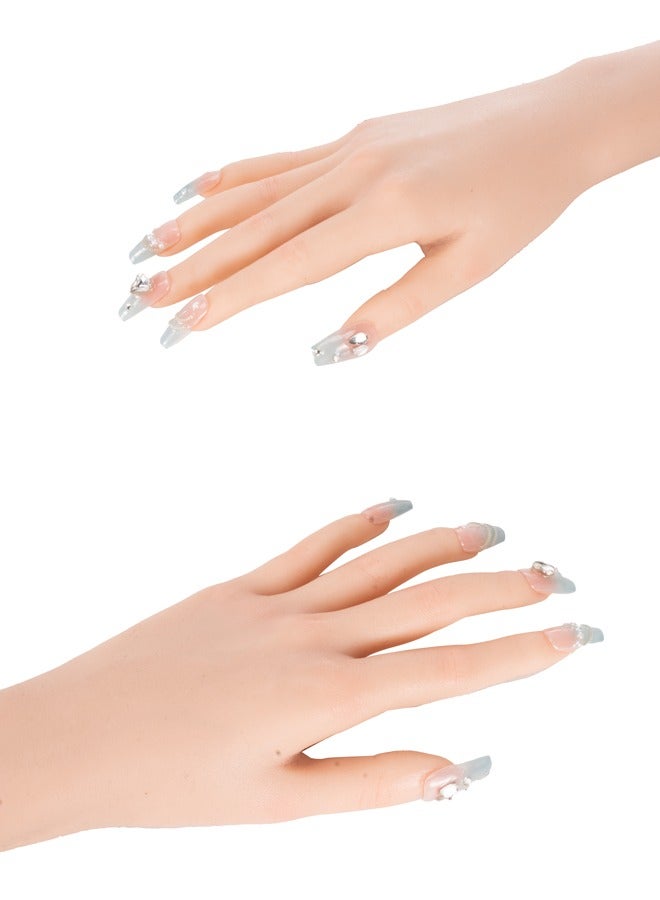 Nails Kit,Blue Handmade Press On Nails Long Coffin Glossy Salon False Nail with Design Arcylic Glitter Line Fake Nail for Women and Girls 10PCS - Image 3