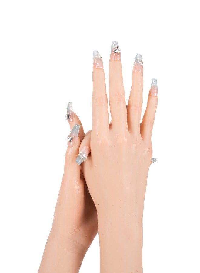 Nails Kit,Blue Handmade Press On Nails Long Coffin Glossy Salon False Nail with Design Arcylic Glitter Line Fake Nail for Women and Girls 10PCS - Image 4