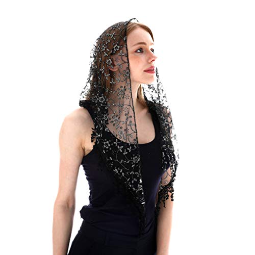 LMVERNA Cathedral Wedding Veil Mantilla Catholic Veil Head Covering Latin Mass (Black) - Image 2