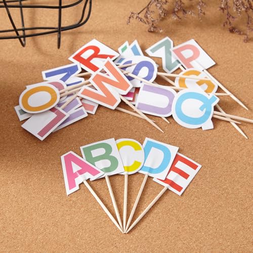 CANTENDO 104 Pcs 26 Letter Alphabet Toothpick Flags Small Mini Stick Cupcake Toppers Color A-Z Party Theme Letters Flags Party Decoration Celebration Cocktail Food Bar Cake Flags - Image 4