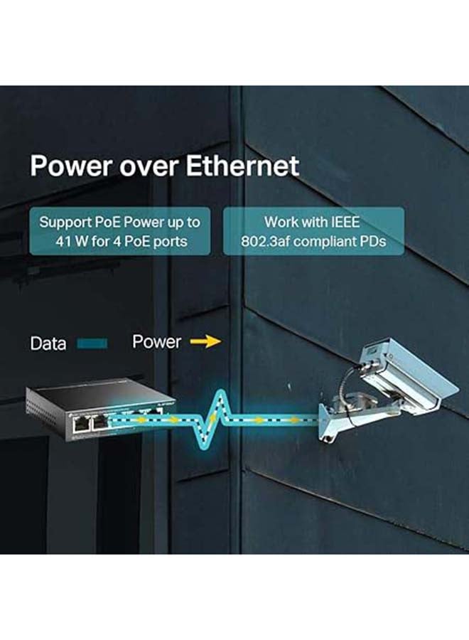 تي بي لينك مفتاح TP-Link PoE 5-Port 100 Mbps، 4 منافذ PoE تصل إلى 15.4 واط لكل منفذ PoE و 41 واط لجميع منافذ PoE، هيكل معدني، توصيل وتشغيل، مثالي لمراقبة IP ونقطة الوصول (TL-SF1005LP) - Image 3