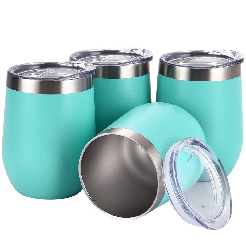 Romantic 4 Pack 12Oz Stemless Wine Tumbler Wine Glasses Set Stainless Steel Wine Tumbler Cups with Lid and Straw Set of 4 Shatterproof  Novelty Gifts for Men Women or Family Party Use Blue 
