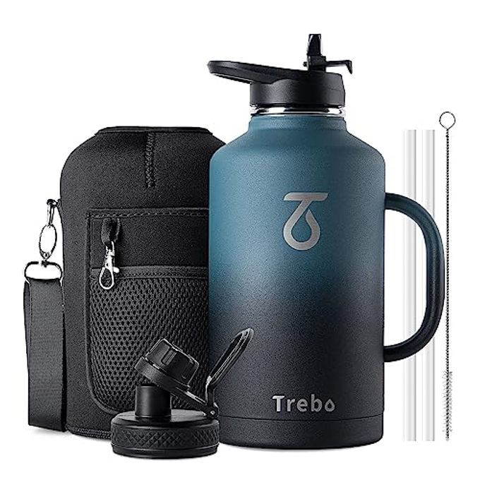 64 OZ WATER BOTTLE INSULATED WITH HANDLE HALF GALLON STAINLESS STEEL METAL LARGE JUG TRAVEL FLASK WITH STRAW SPOUT LID MUG TUMBLER CUP WITH CARRY POUCH KEEP COLD HOT INDIGO BLACK