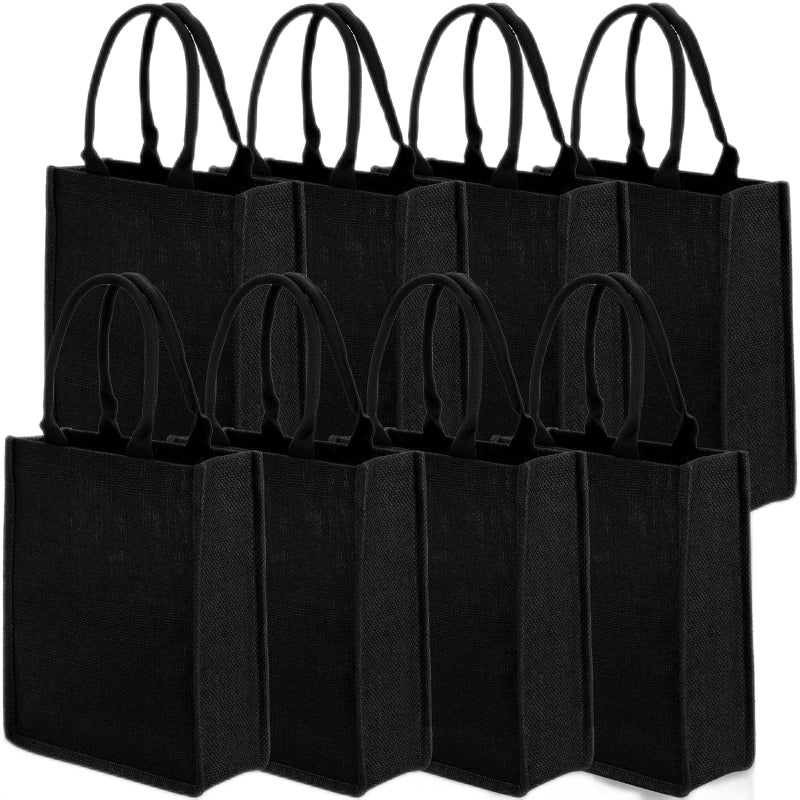 DEAYOU 8 Pack Jute Tote Bag with Handle Jute Beach Tote Laminated Interior Reusable Lined Grocery Shopping Bag for Bridesmaid DIY Wedding98x118x39 Black