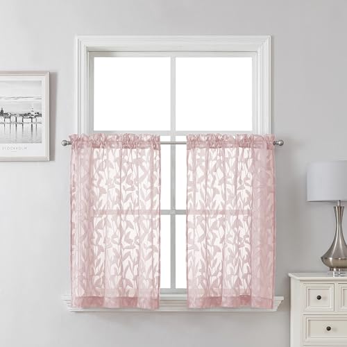 Lecloud Leia Jacquard Textured Blush Sheer Kitchen Curtains 36 Inch Length 2 Packs, Airy & Breathable Clip Leaf Living Room/Dining Room/Cafe/Bedroom Voile Pink Curtain & Drapes with Dual Rod Pockets, - Image 1